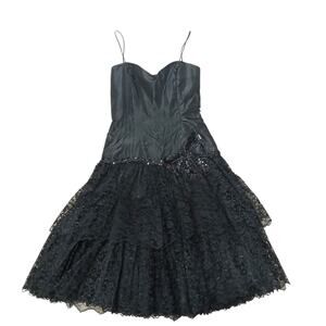 Vintage Loralie Original Black Lace Tiered Party Dress Sequin Bow Goth Romantic